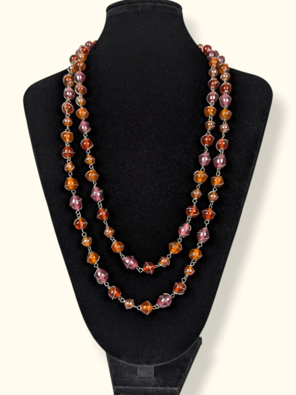 Pink & Orange Wire Wrapped Glass Bead Infinity Necklace